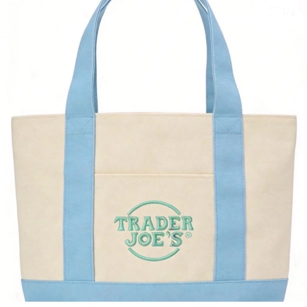 Trader Joe’s Mini Canvas Tote Bag Cream and Light Blue. New with tag.